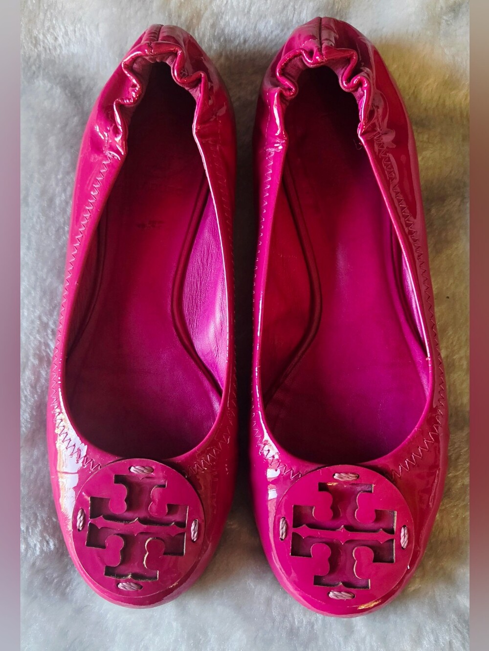 Tory Burch Hot Pink Patent Leather Logo Ballet Flats